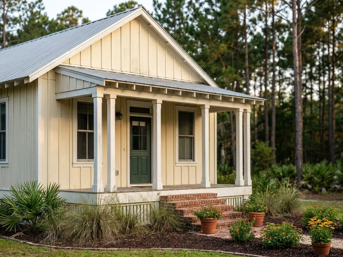 Pale-yellow cottage with brick steps and a small front garden