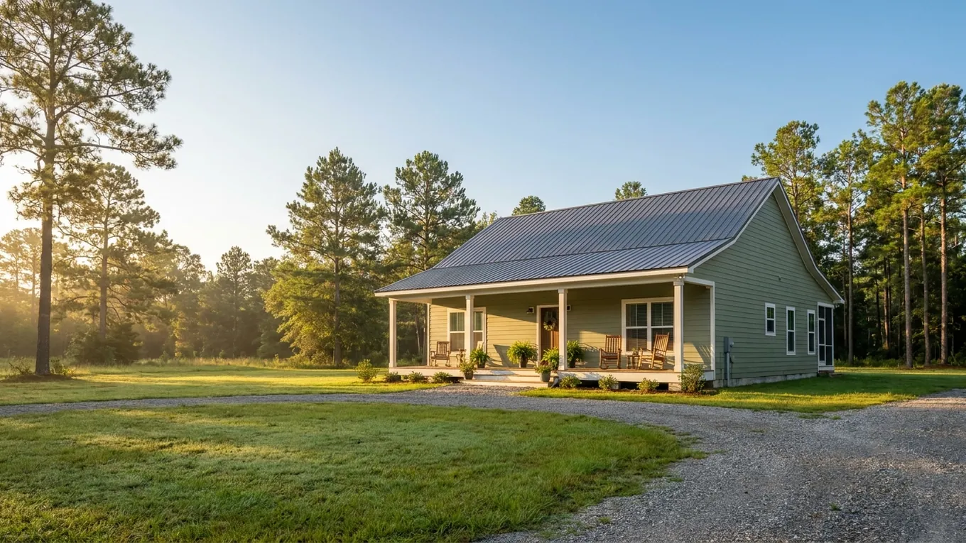 Sage-green home with a front porch in a pine-lined yard